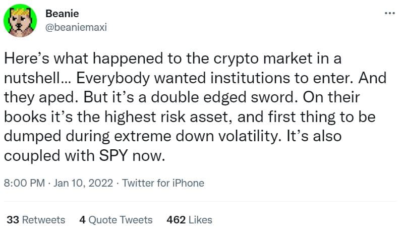 screenshot of Beanie answering" why the crypto dip" via Twitter