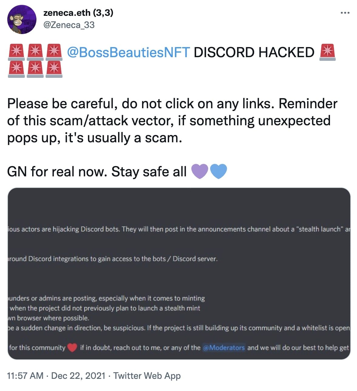 Zeneca's tweet on Discord NFT scams