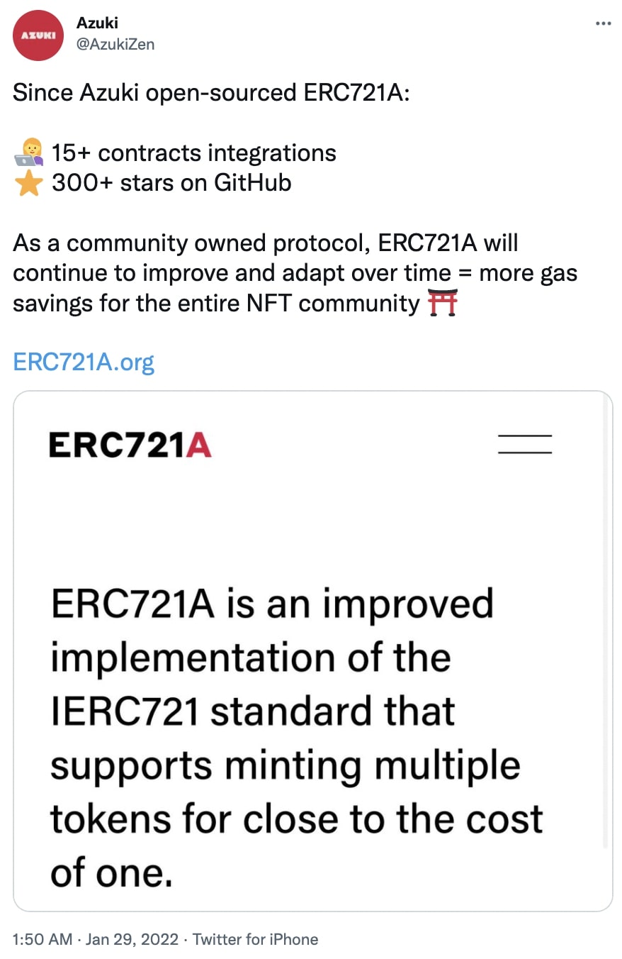 Tweet from Azuki on smart contract standard ERC721A