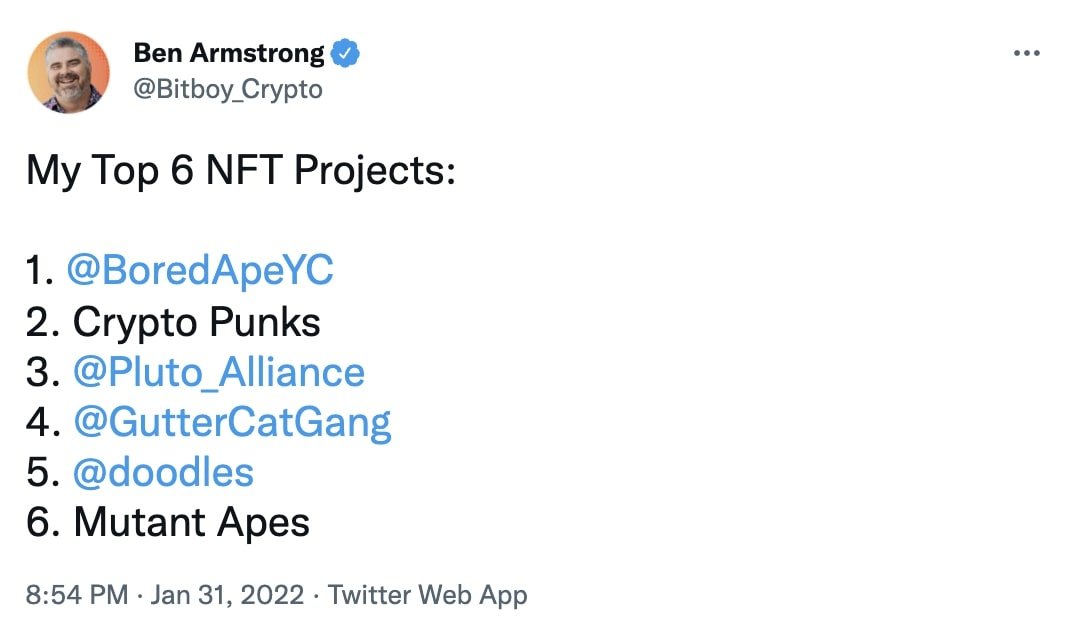 Ben Armstrong's tweet on top NFT projects