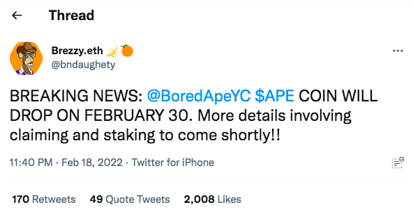 Breezy.eth jokes about the release date of $APE Coin