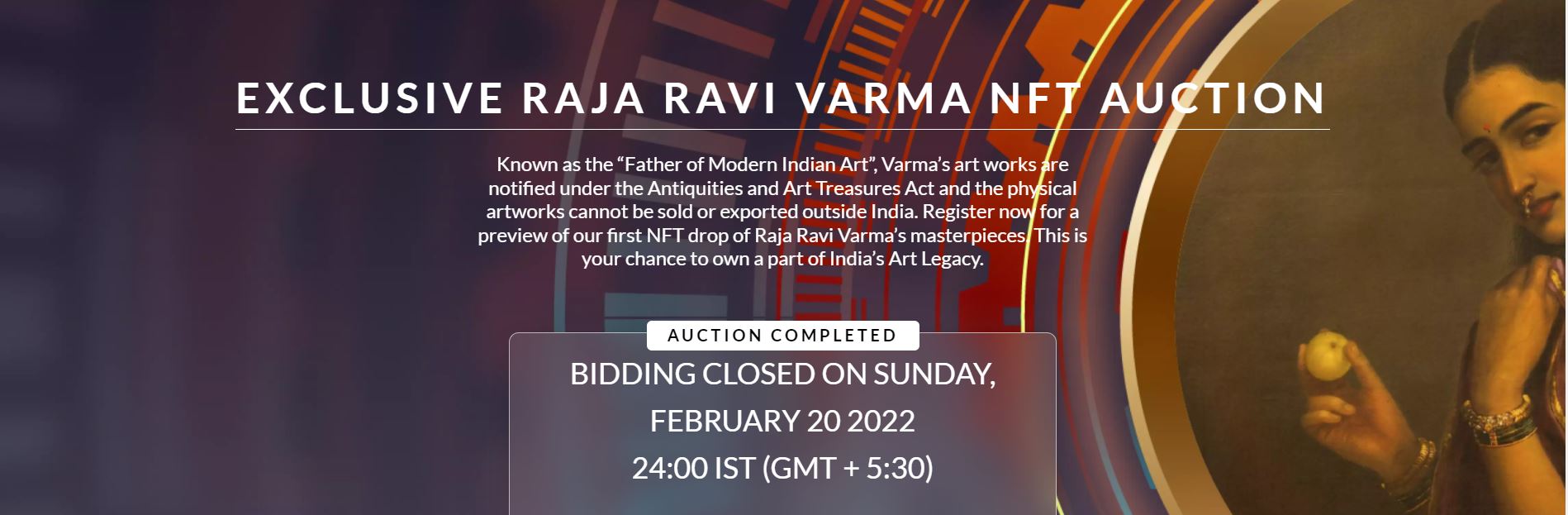 Poster of RAJA RAVI VARMA NFT AUCTION at NFT marketplace art.rtistiq with some explanation of the artist and his artwork in background