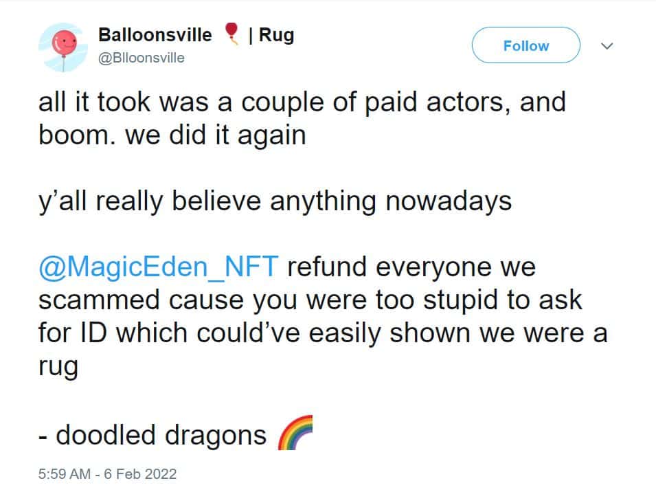 Balloonsville Admit to Being A Rugpull, Then Blame Magic Eden