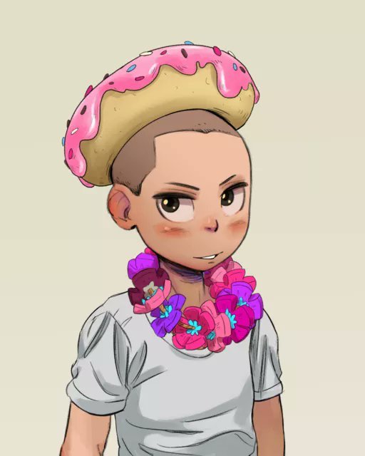 Image of an Aurorian NFT character wearing a white t-shirt, pink doughnut hat and flower necklace 