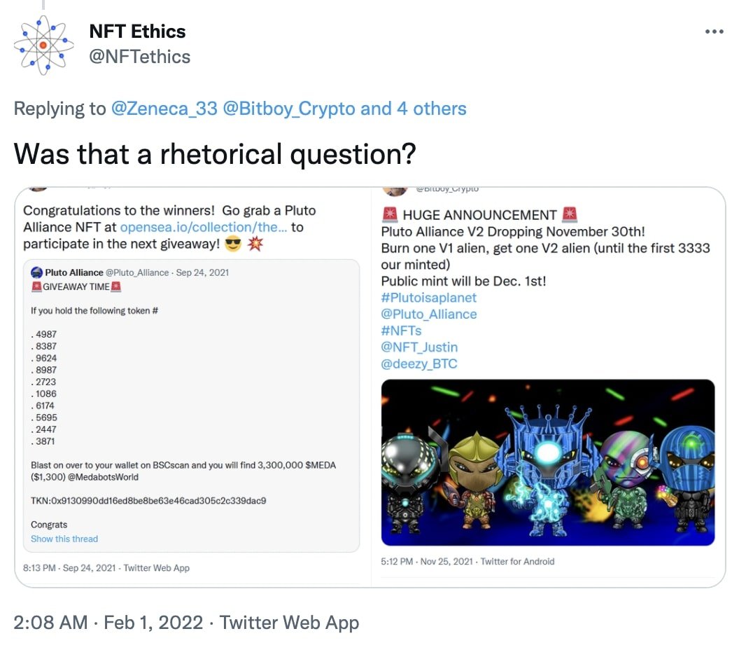 NFT Ethics' tweet on Ben Armstrong