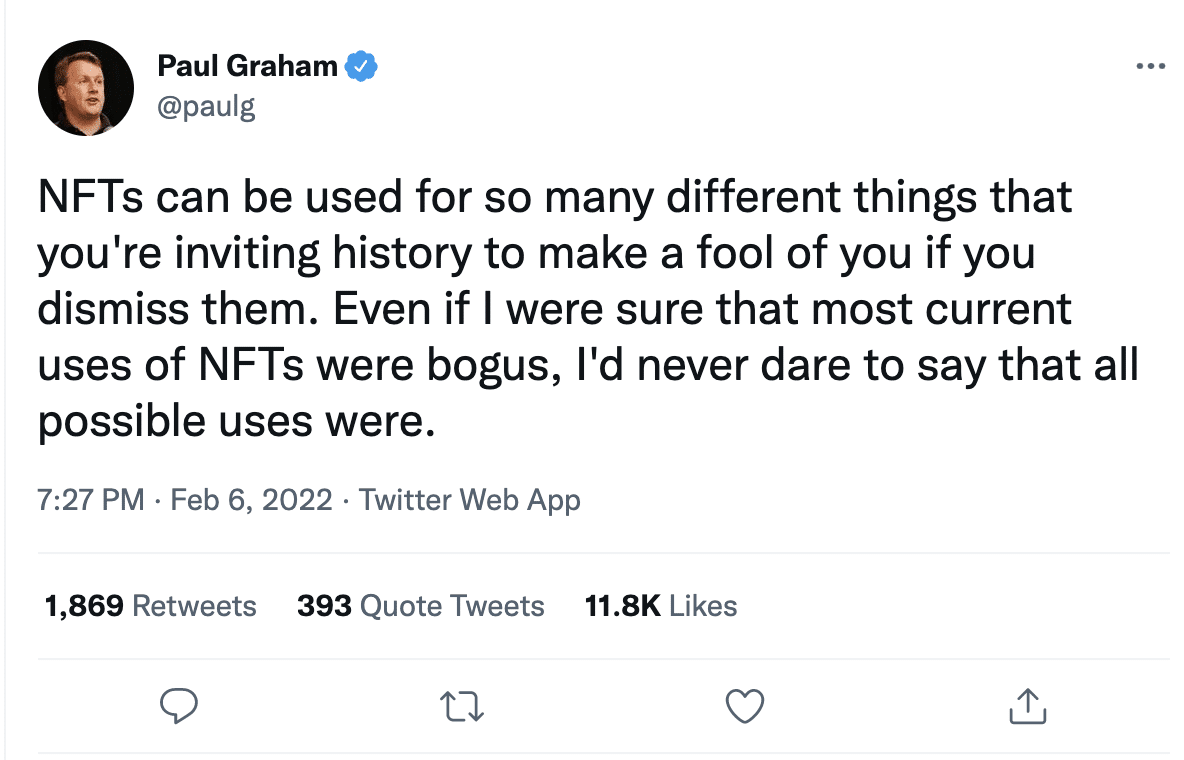 screenshot image of a tweet by Paul Graham whos is advocating the use case of NFT