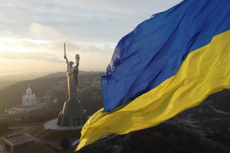 Flag of Ukraine flying over Kyiv.