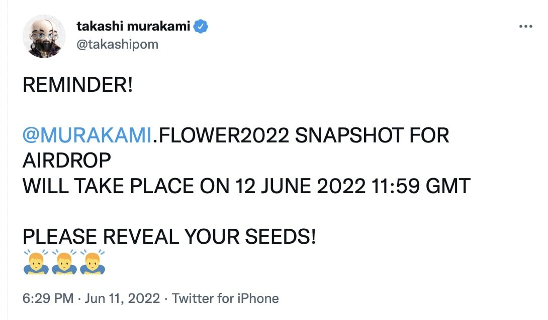 Takashi Murakami's tweet about airdrop
