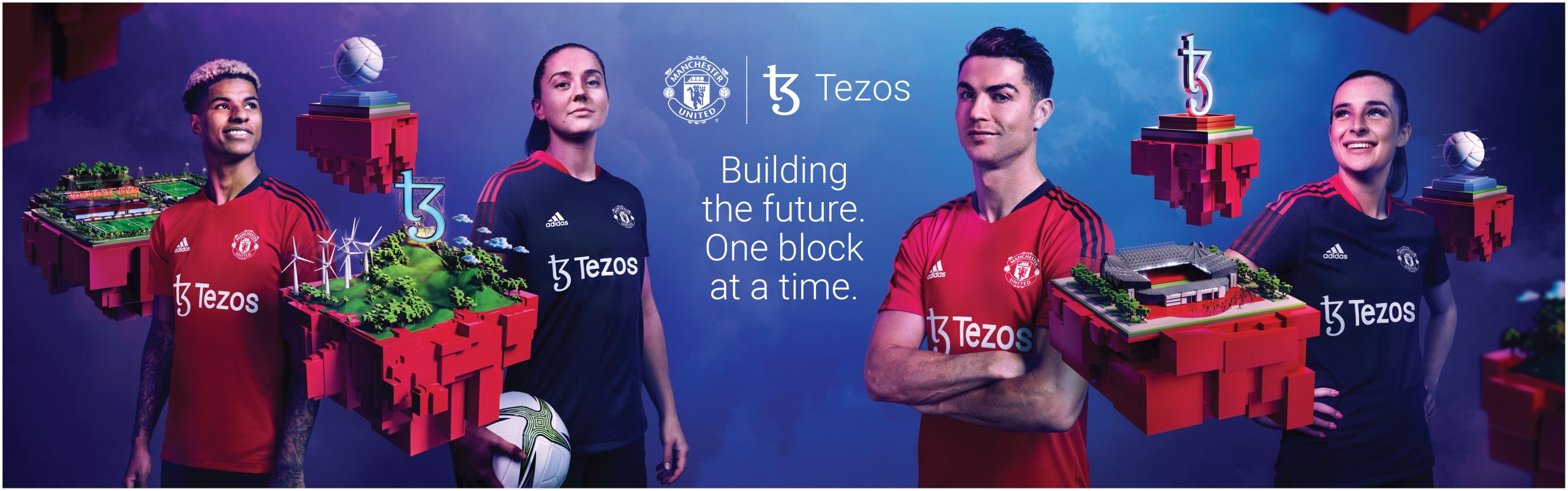 Manchester United Tezos banner featuring famous footballers Cristiano Ronaldo and 