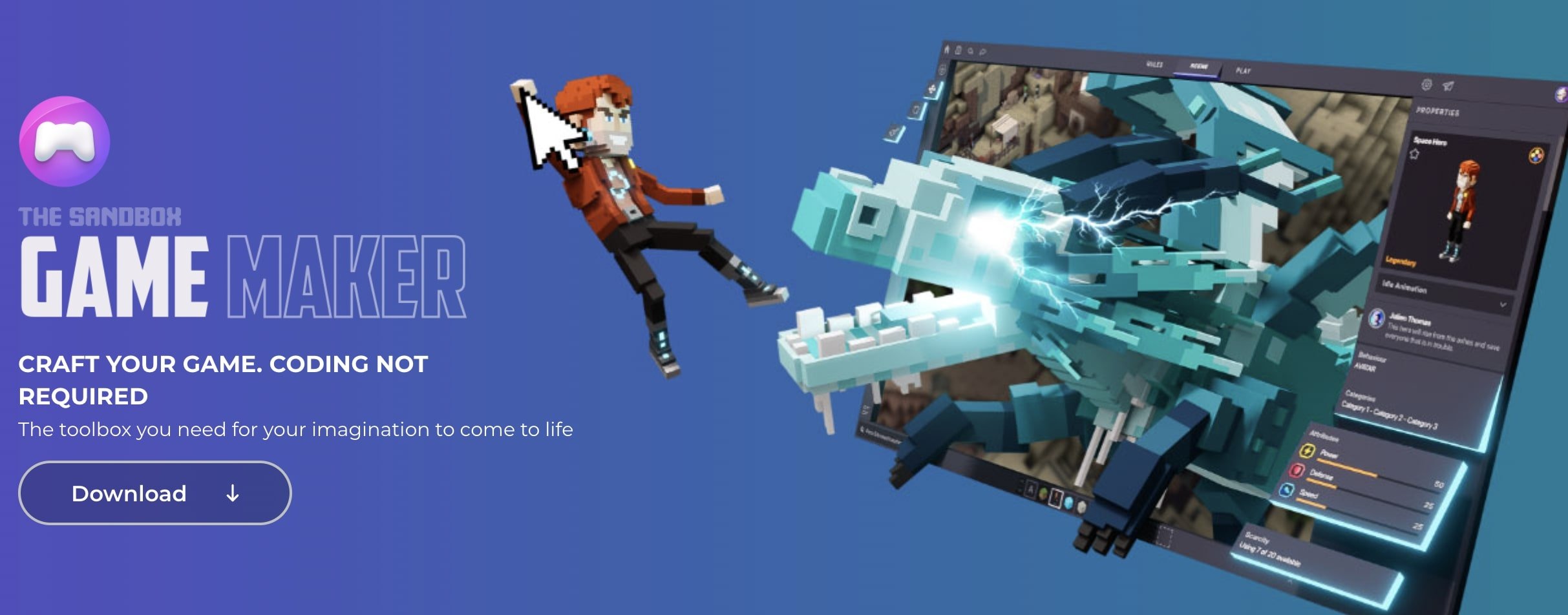 The Sandbox’s Game Maker tool showing a human and dragon fighting