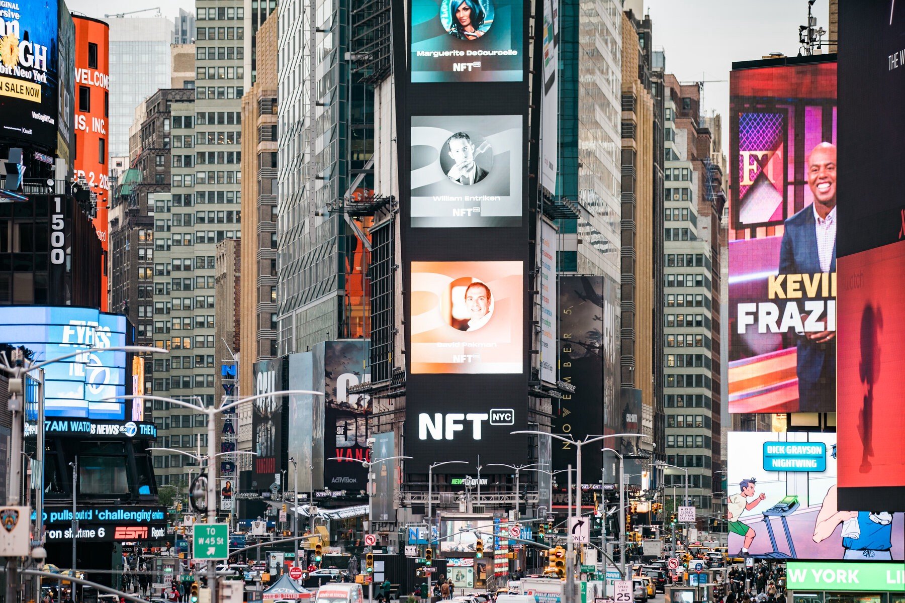 Times Square billboards including one for NFT.NYC