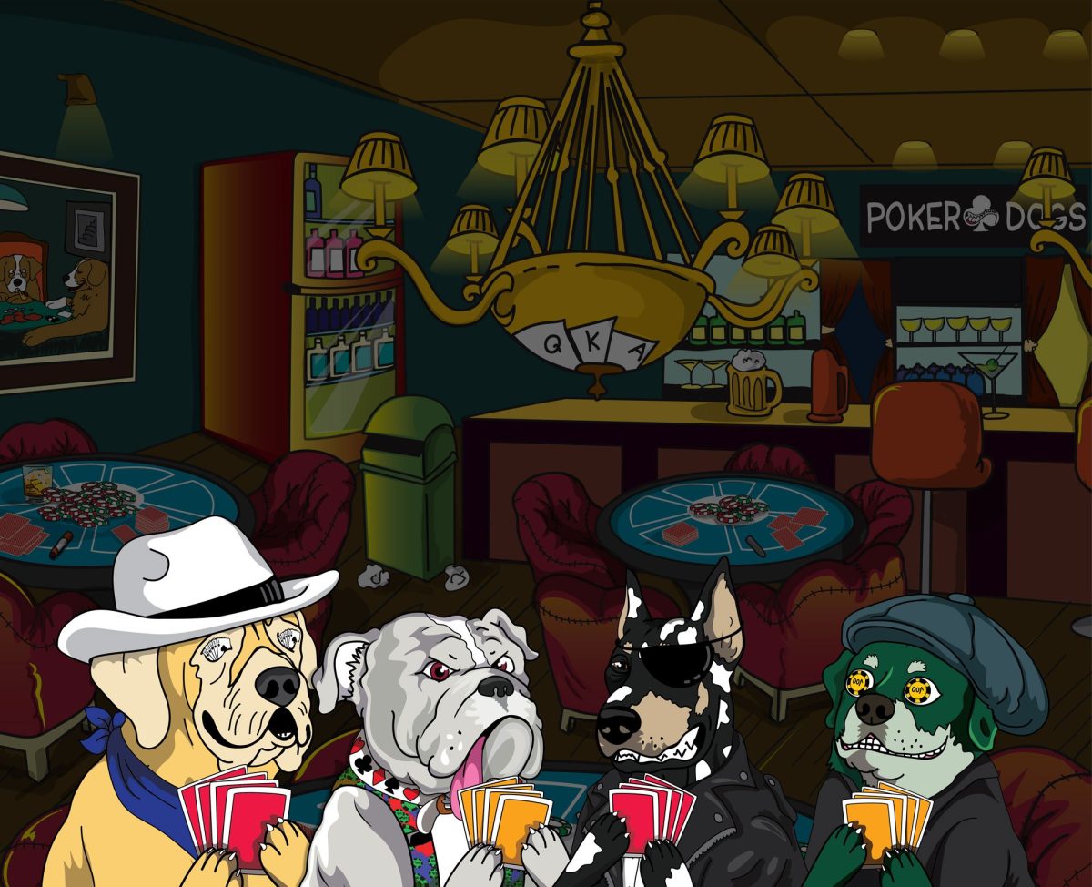 Cartoon dogs playing poker in a club