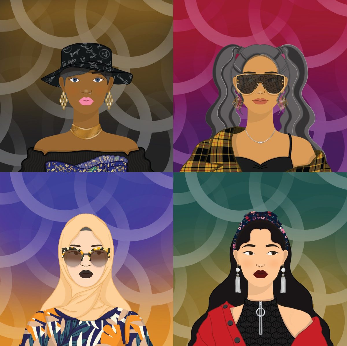 Four Asian women avatars with different accessories