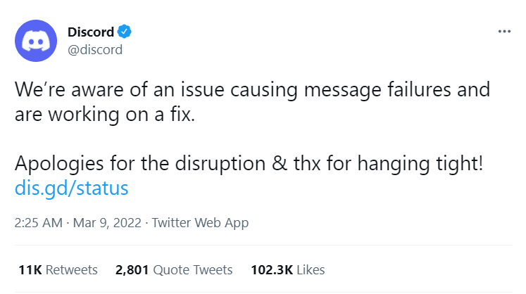 discord tweet about the outage