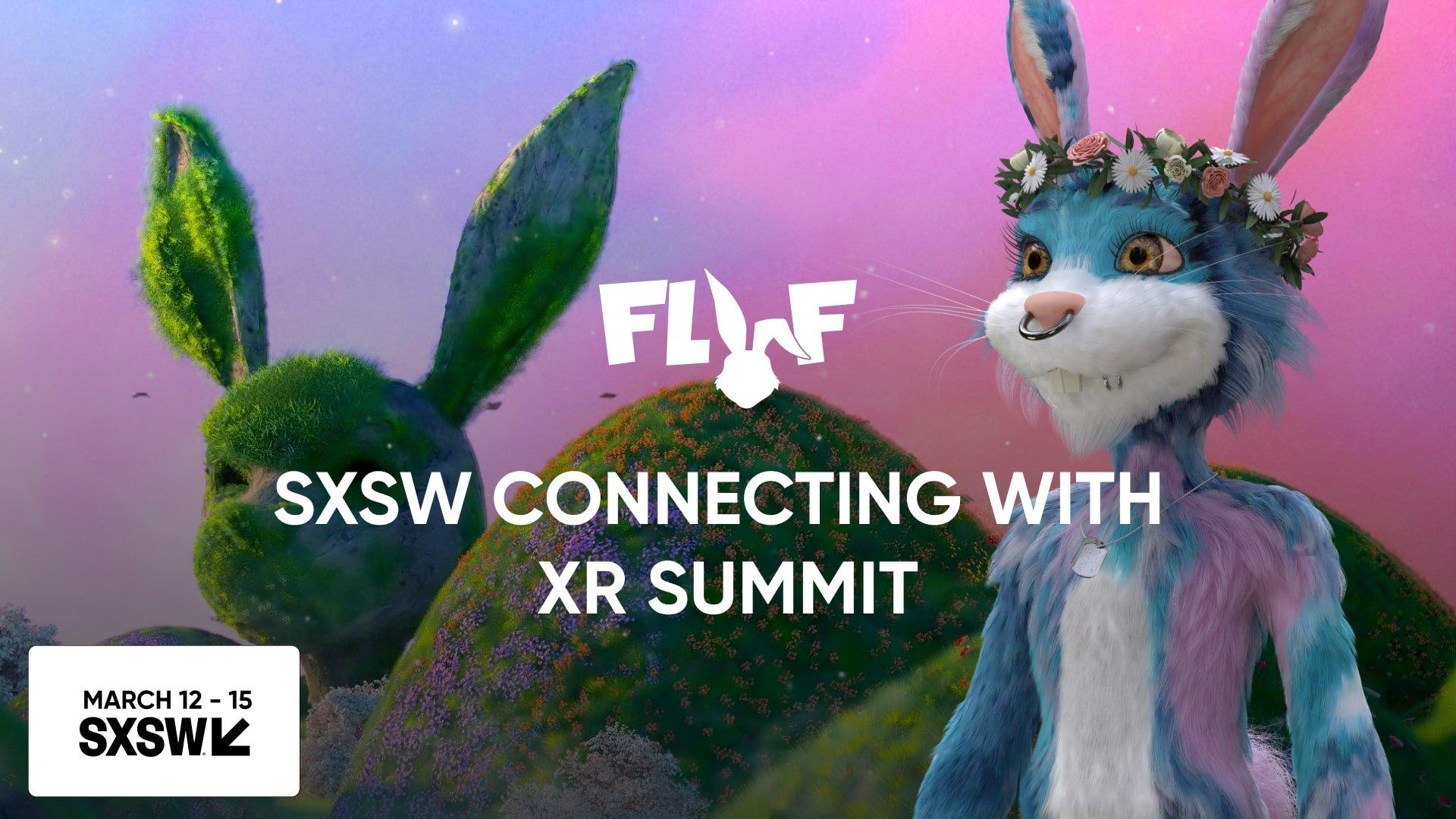 A FLUF World rabbit announcing FLUF World x SXSW event