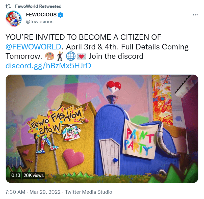 The picture depicts a tweet by Fewocious retweeted by Fewoworld