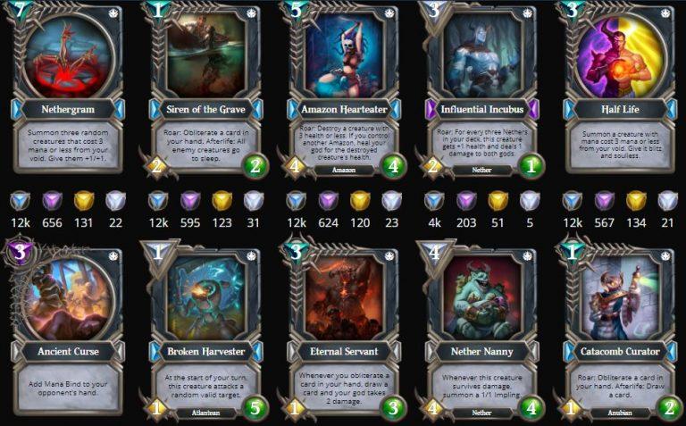 Gods Unchained blockchain game's various NFT trading cards