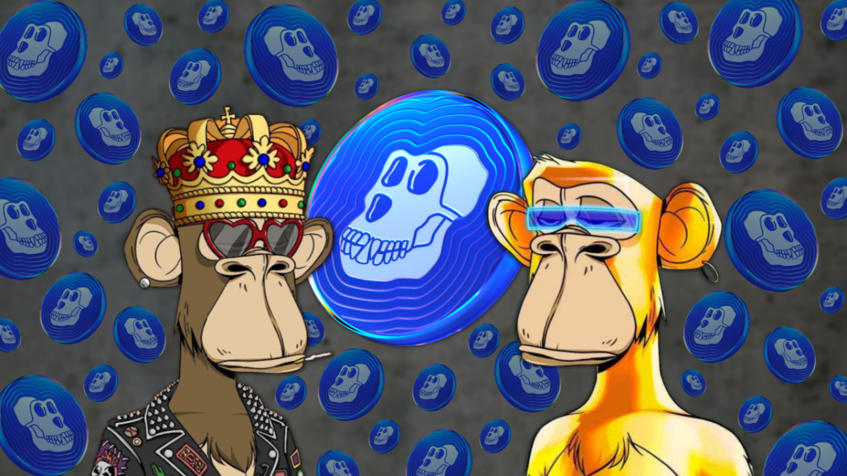 imagen de dos NFT del club de yates de simios aburridos junto con el logotipo oficial de ApeCoin DAO