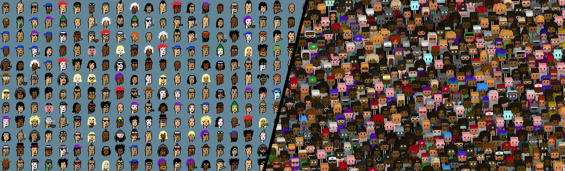 The picture depicts CryptoPunks and Meebits NFTs