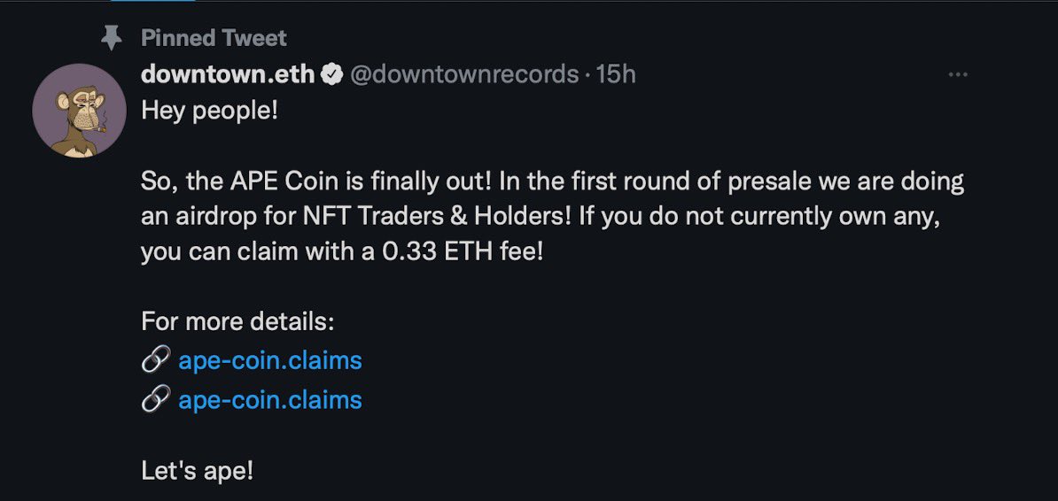 twitter post about ape coin hack phishing