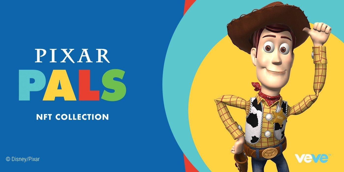 An illustration of Woody standing next to Pixar Pals NFT logo