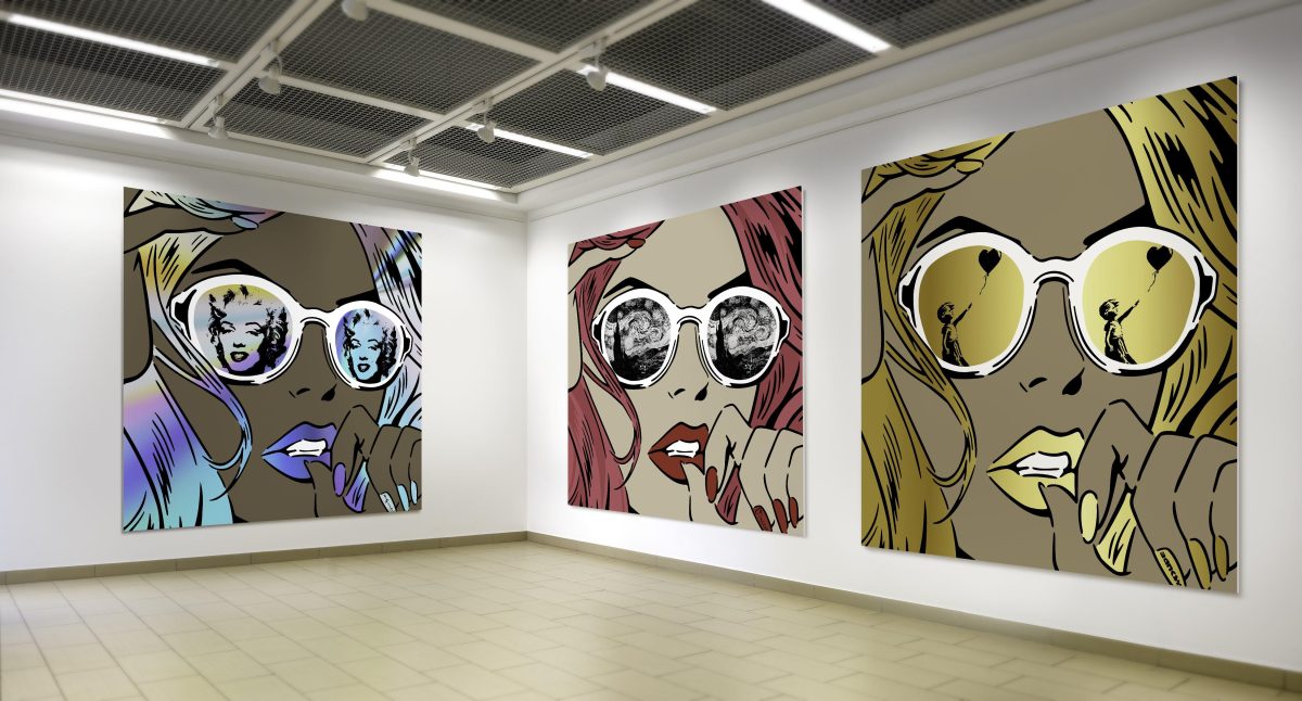 The picture depicts three artworks in a gallery made by Rich Simmons