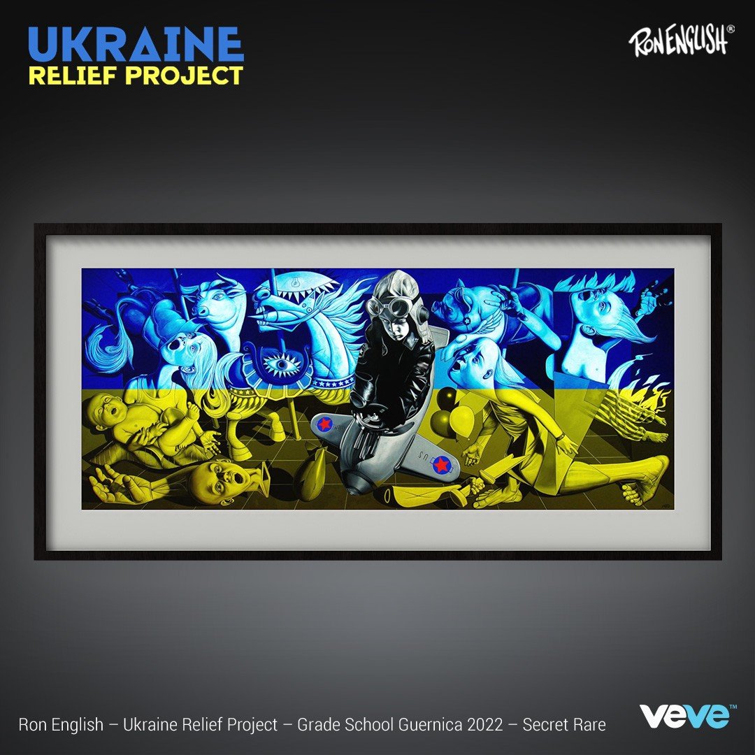 An NFT art by Ron English in yellow and blue for Ukraine