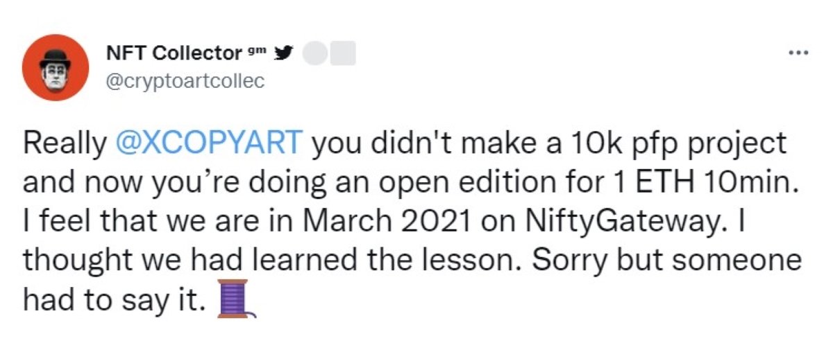 Tweet about XCOPY open edition NFT mint