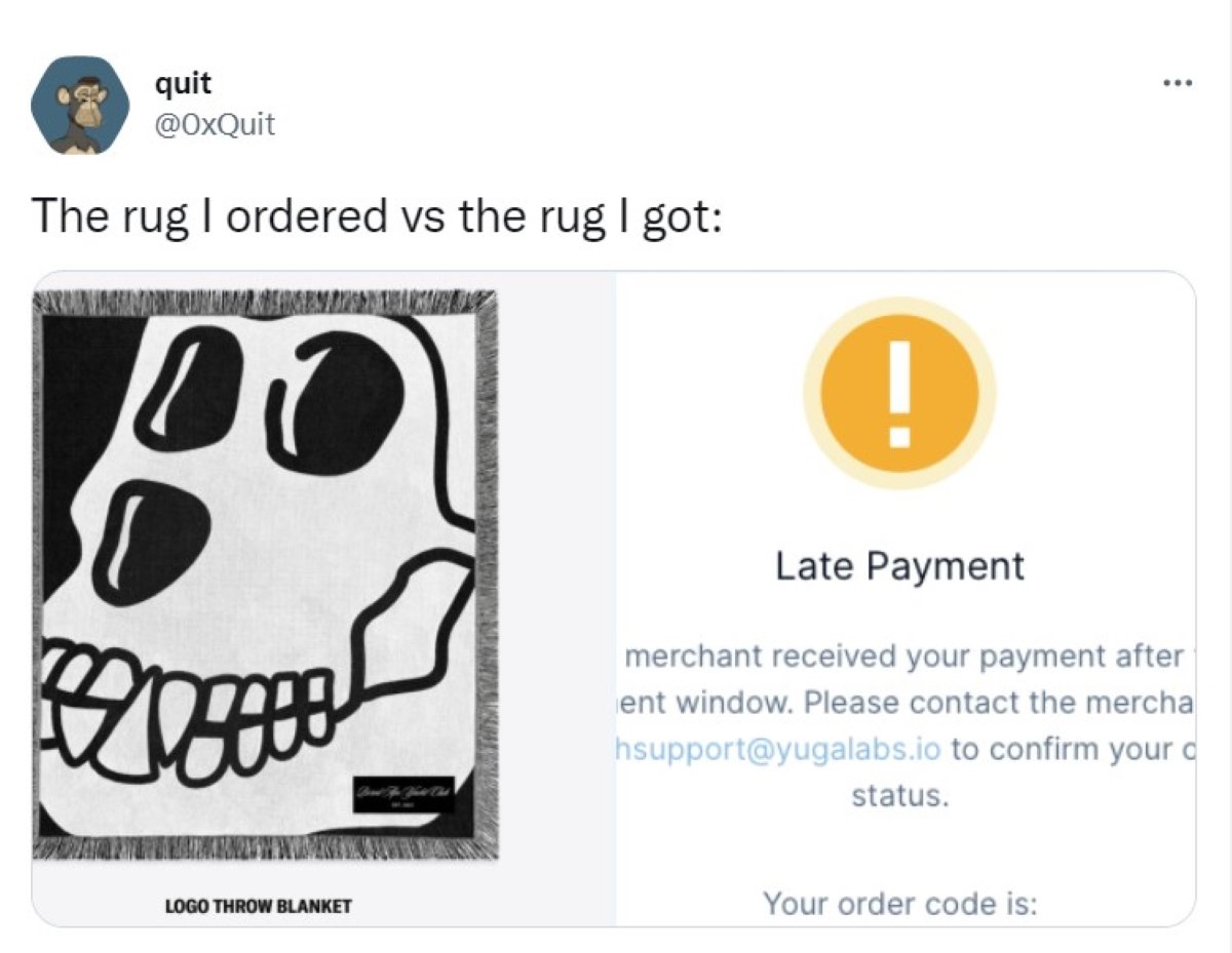 Tweet about BAYC rug from latest merch drop along with payment failure notification