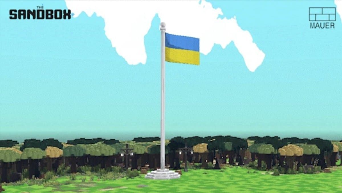 A voxel style Ukraine flag in The Sandbow for Wave for Ukraine