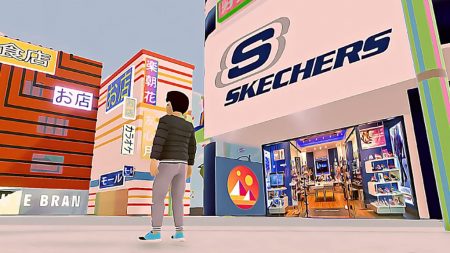 a man standing in from of Skechers store in the metaverse