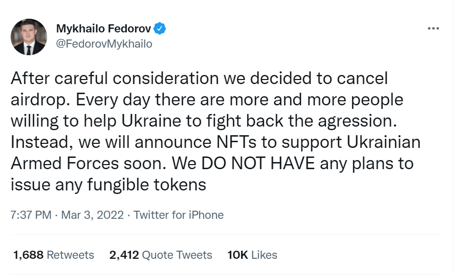 Picture depicts Tweet of Vice Prime Minister of Ukraine and Minister of Digital Transformation of Ukraine about Canceled Airdrop and NFT release announcedment