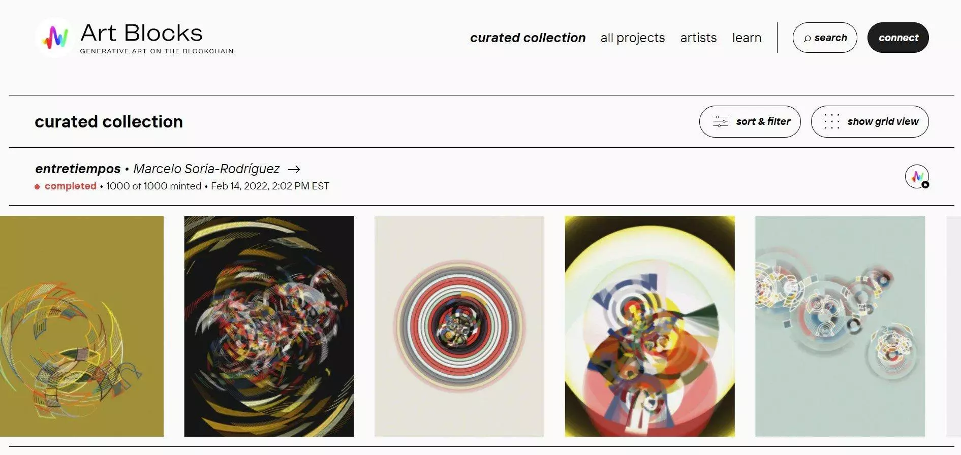screenshot of art blocks curated page