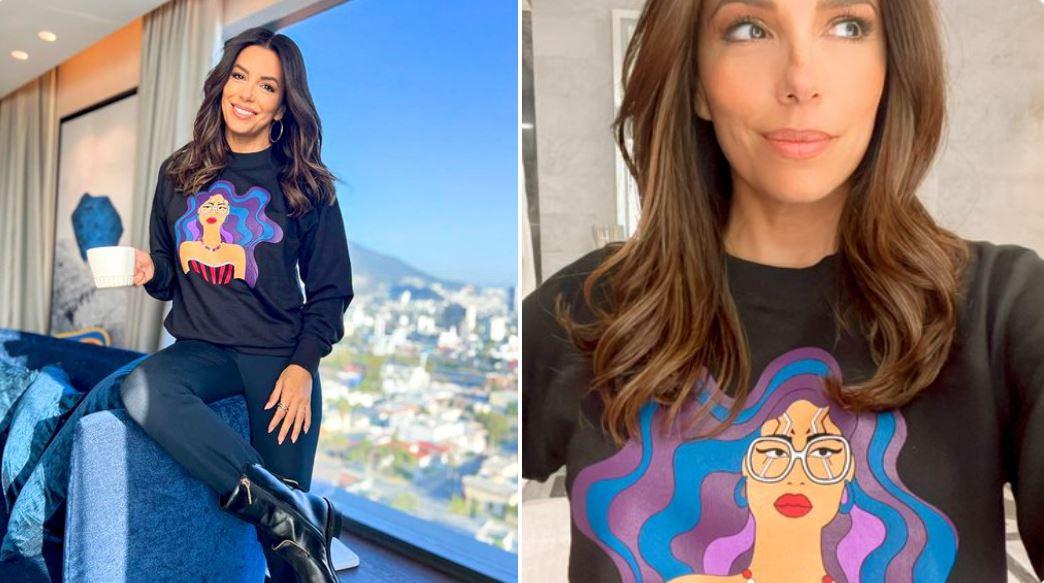 image of Eva Longoria wearing a World of Women NFT themed shirt