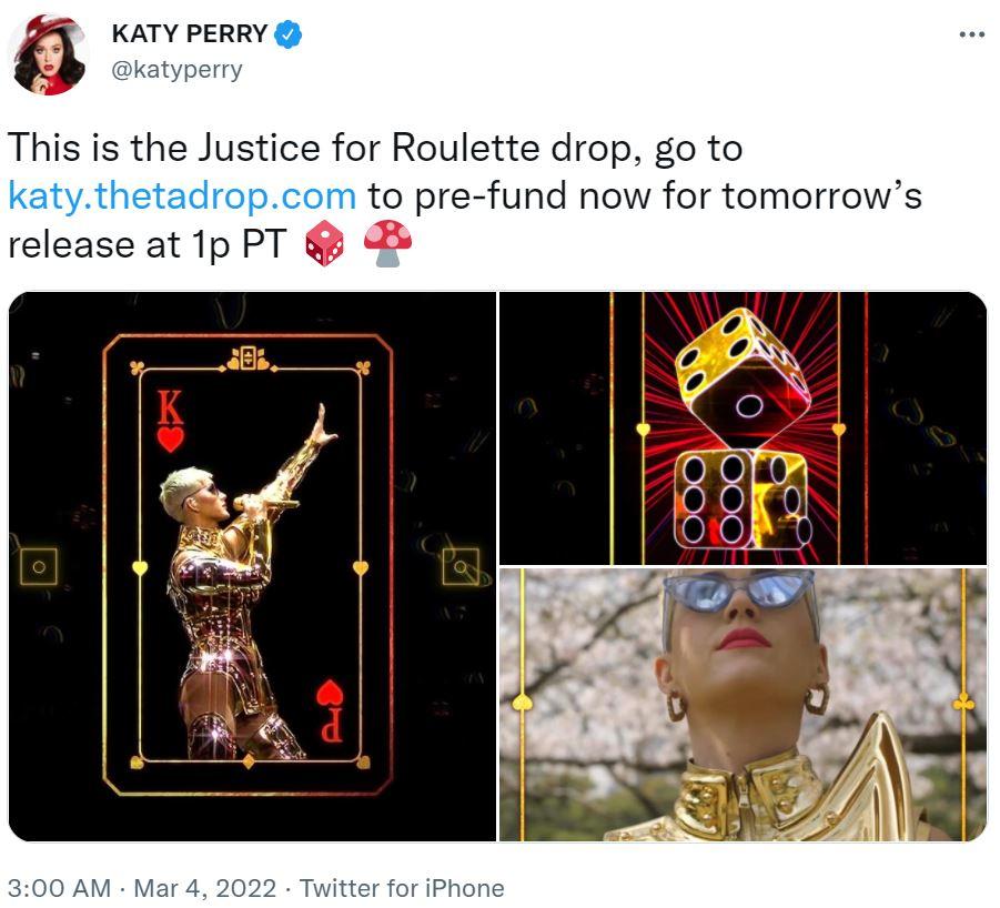 screenshot of a Katy Perry ThetaDrop NFT drop announcement via Twitter