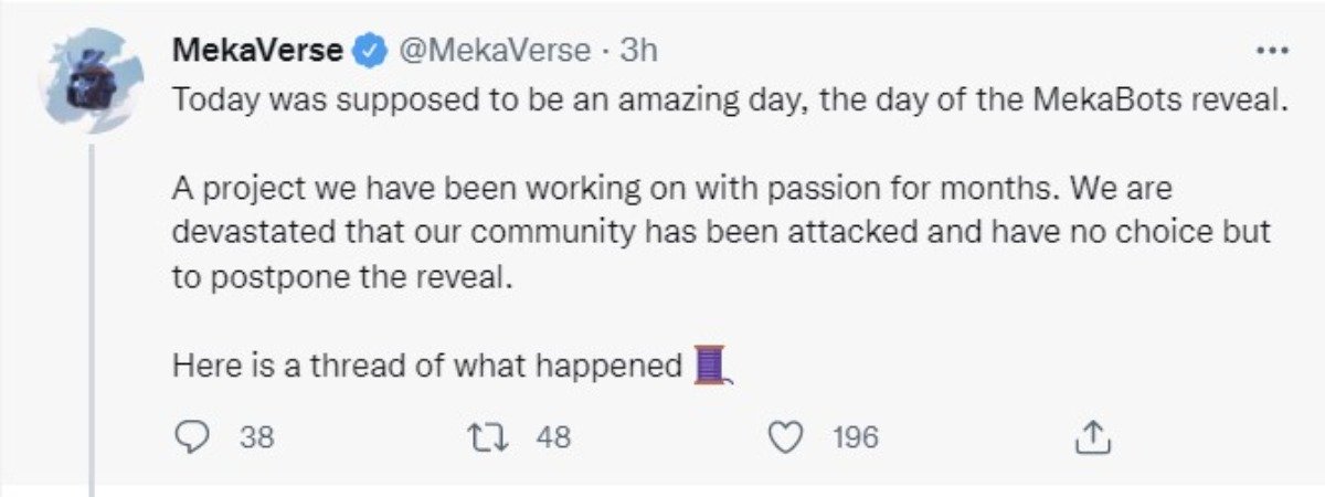 First Tweet from MekaVerse thread addressing Discord hack