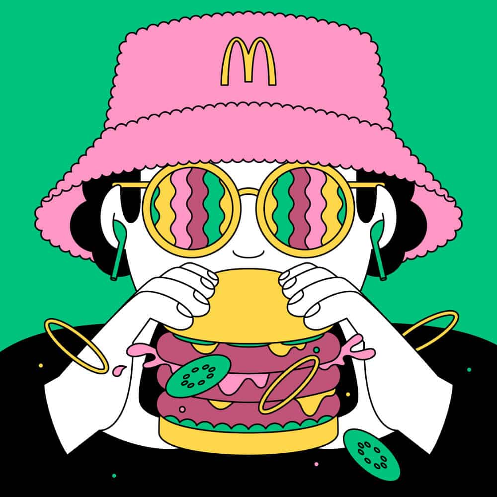 Image of the McDonald's Italy NFT of a colourful charachter eating a burger