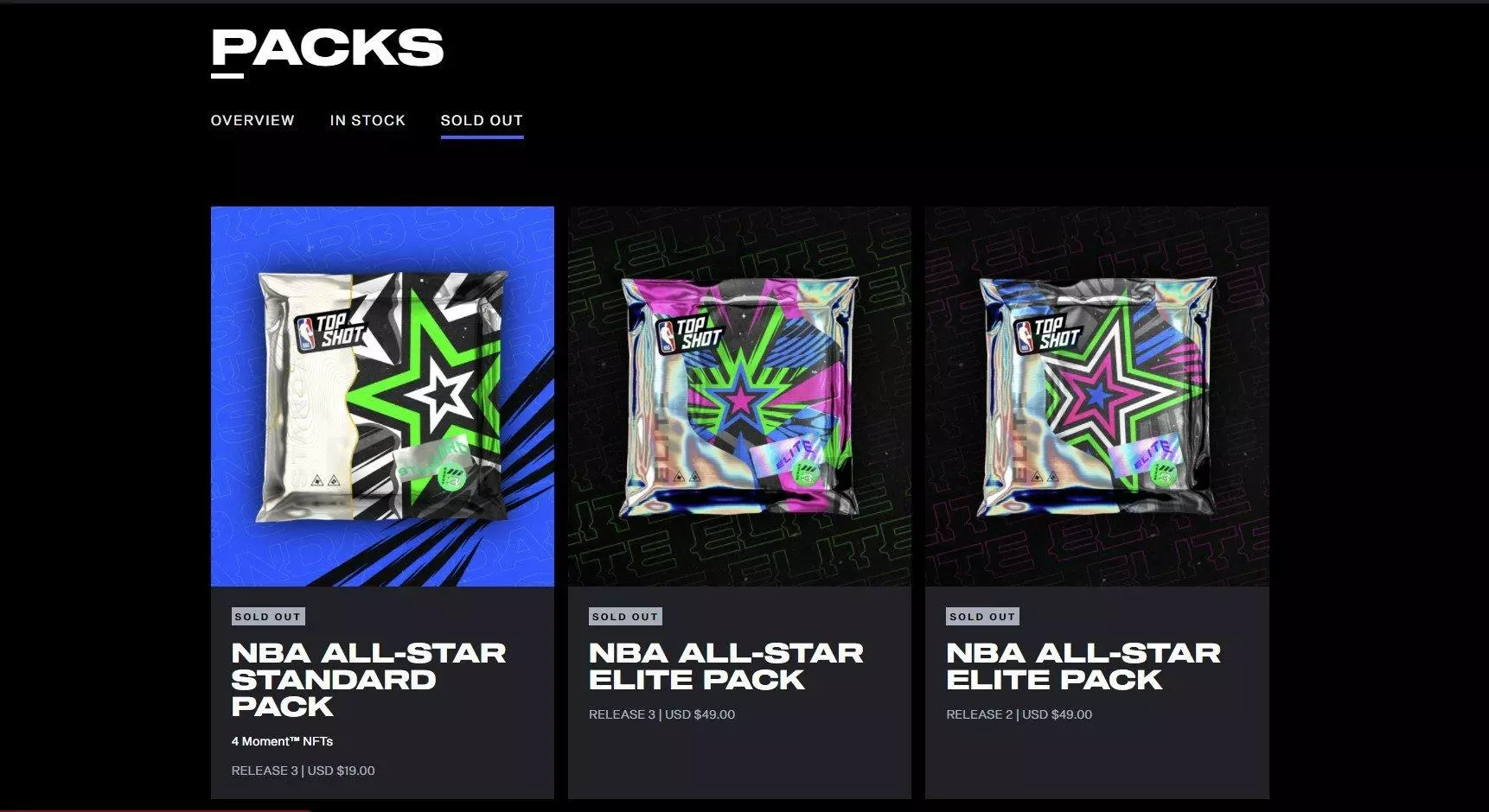 Screenshot of Sold Out NBA Top Shot Packs
