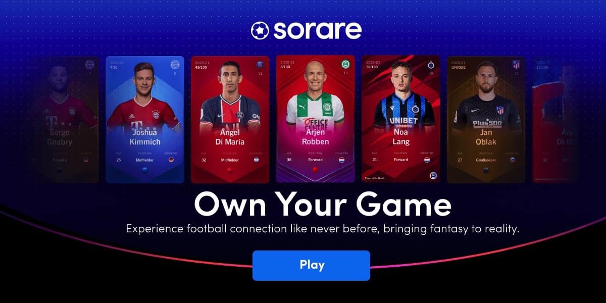 Different player cards in sorare game with logo