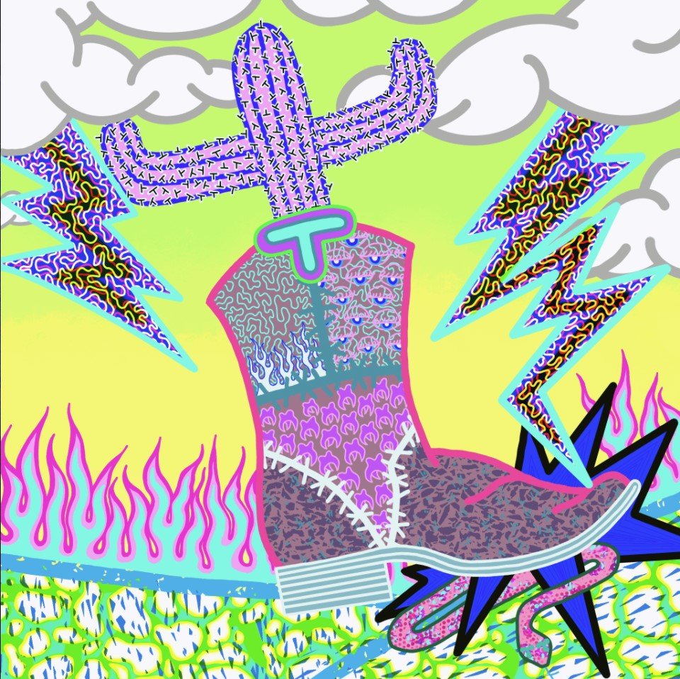 animated illustration of a cactus in a boot by trans artist Taylor Bystrom