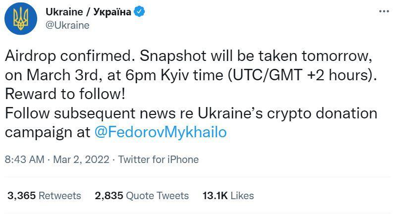 Tweet of the Ukraine Government about Airdrop for those who donated