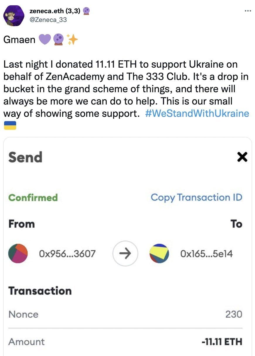 Tweet from zeneca.eth on ZenAcademy donation for Ukraine