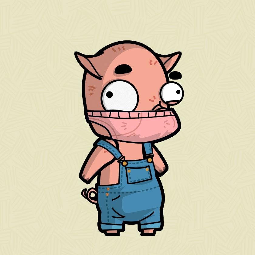 An Angrymals pig wearing overalls 