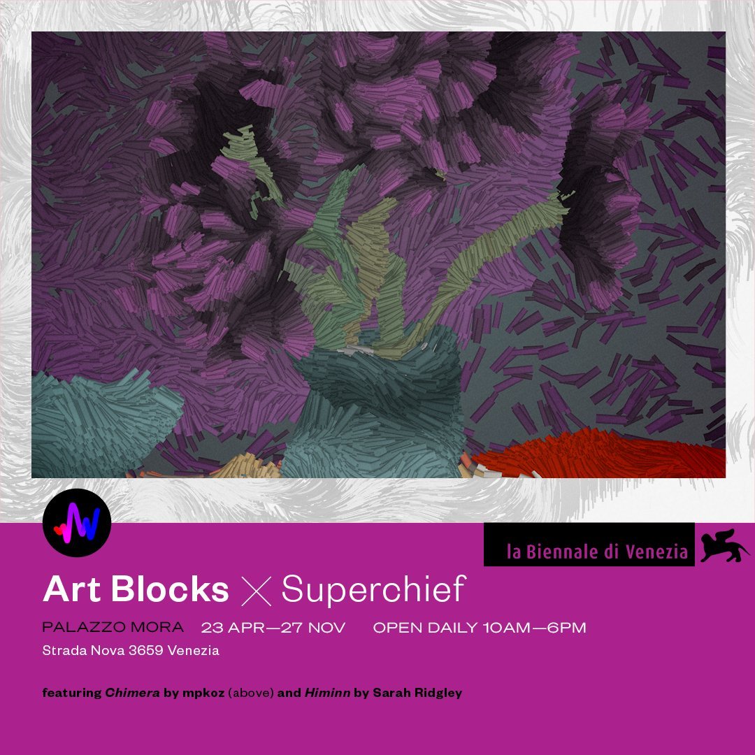 A poster featuring a generative artwork by mpkoz in an exhibition in collaboration with SuperchiefNFT