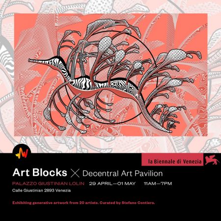 The picture shows a poster of Art Blocks NFT project participating on the Venice Biennale this year