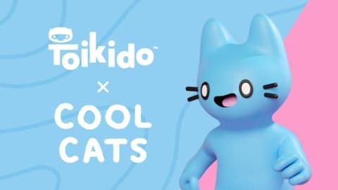 the picture shows the poster of Cool Cats and Toikido partnership as they create merch for Cool Cats NFT collection such as Blue Cat Plushies