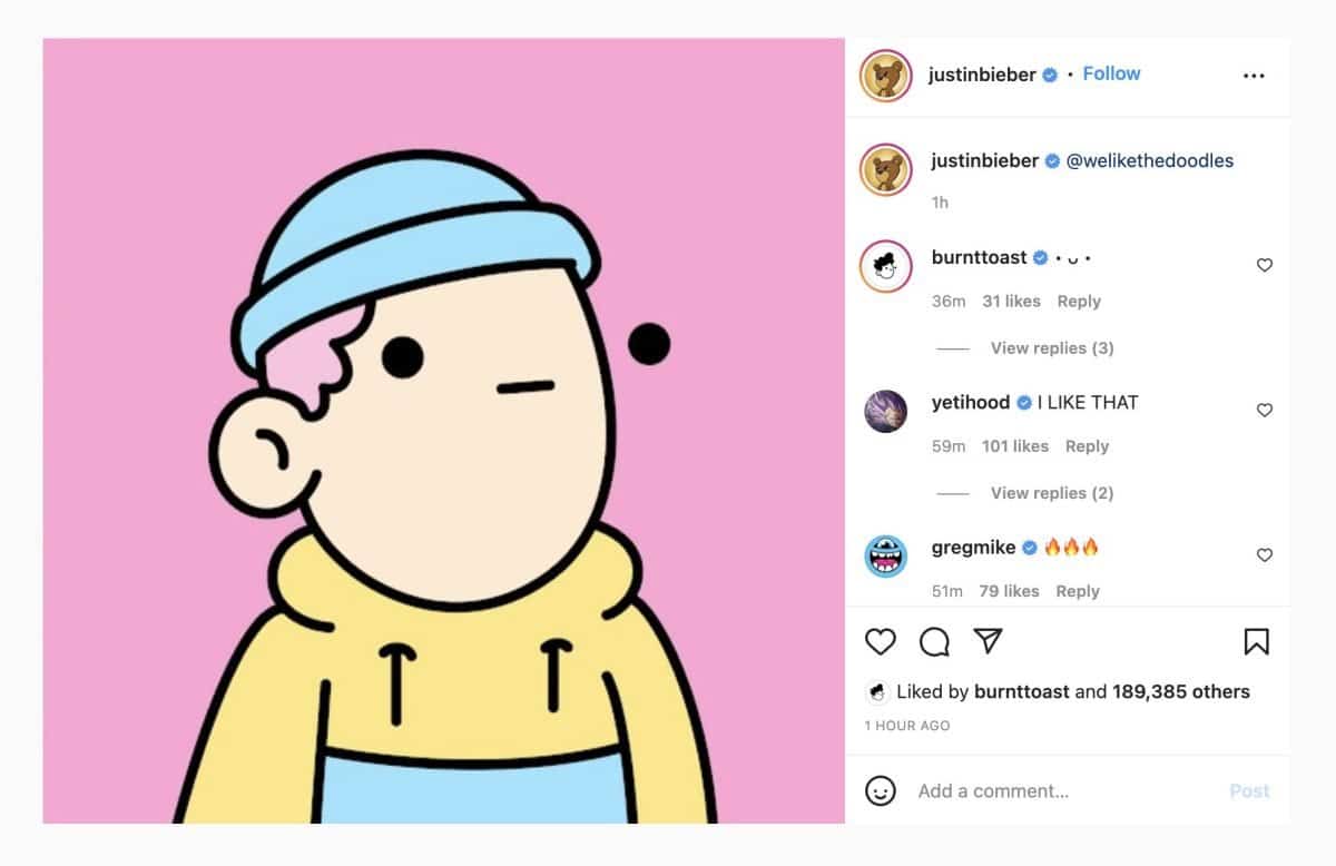 The picture shows a post by Justin Bieber on Instagram showing his support to Doodles NFT