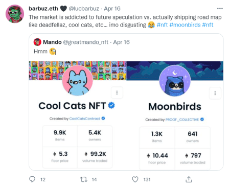 Cool Cats NFT floor vs Moonbirds floor.
