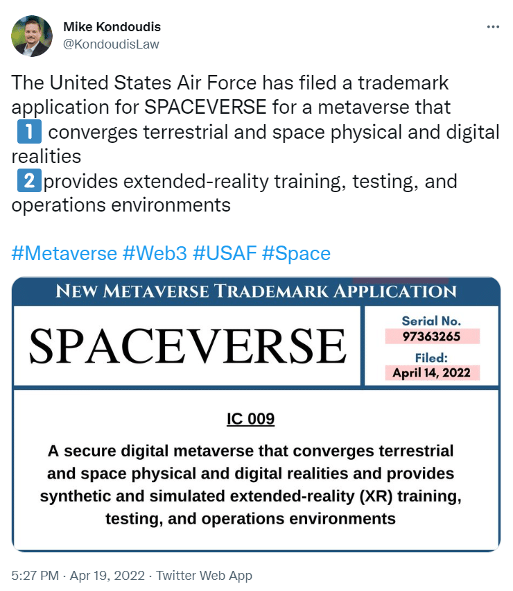 United States Air Force SpaceVerse Trademark Application