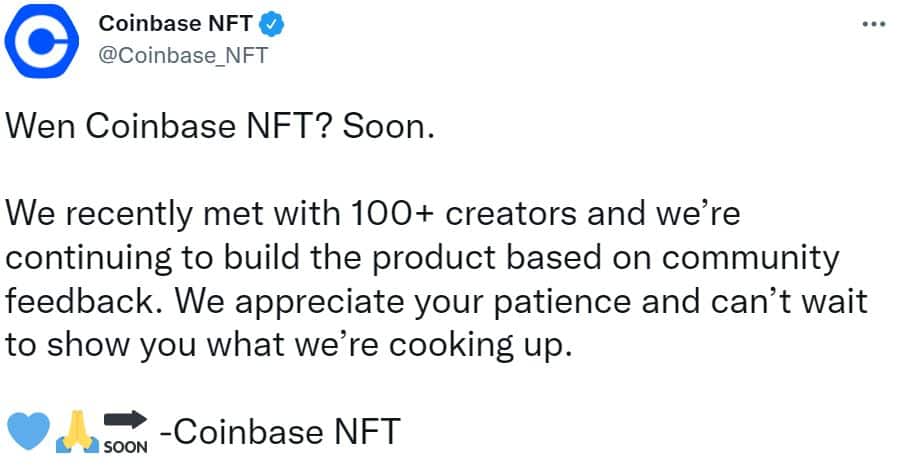 Twitter screenshot of an announcement from the Coinbase NFT marketplace